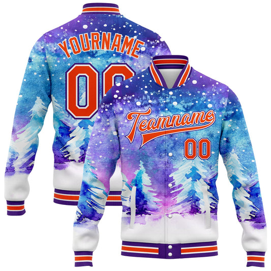 Custom Purple Orange-White Watercolor Winter Landscape With Snowy Trees 3D Pattern Design Bomber Full-Snap Varsity Letterman Jacket - Main View