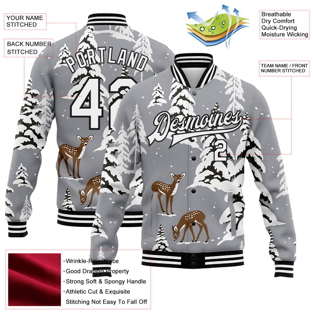Custom Gray Black-White Winter Snowy Landscape With Deer 3D Pattern Design Bomber Full-Snap Varsity Letterman Jacket view 5