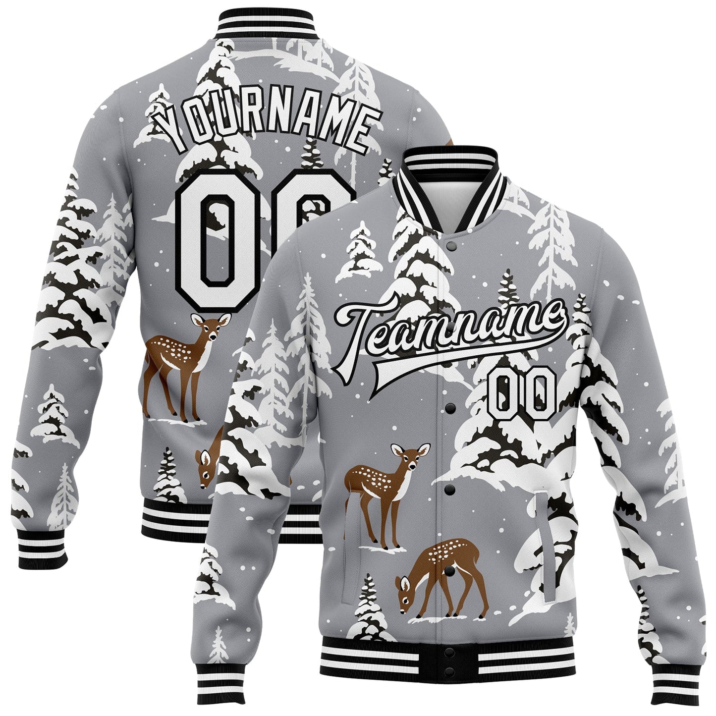 Custom Gray Black-White Winter Snowy Landscape With Deer 3D Pattern Design Bomber Full-Snap Varsity Letterman Jacket - Main View