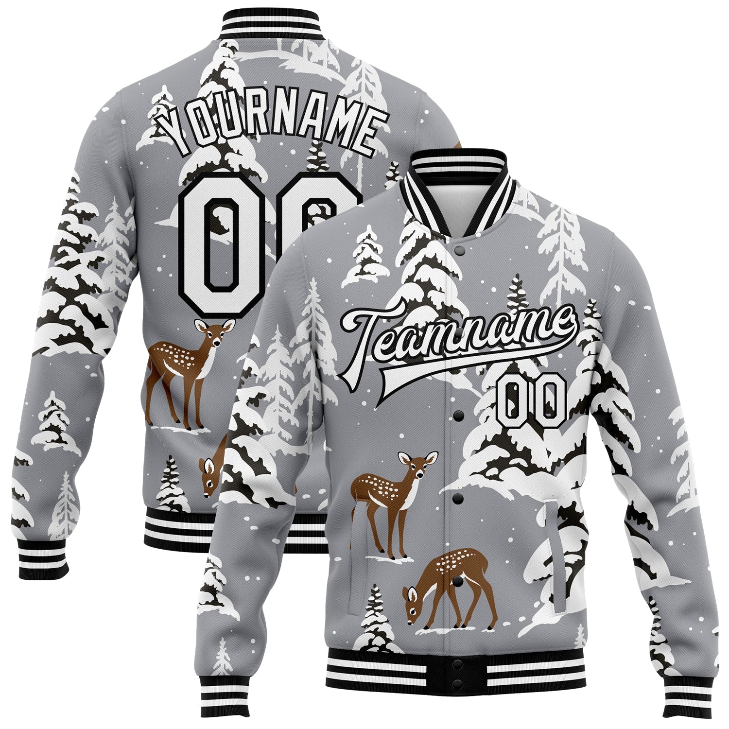 Custom Gray Black-White Winter Snowy Landscape With Deer 3D Pattern Design Bomber Full-Snap Varsity Letterman Jacket - Main View