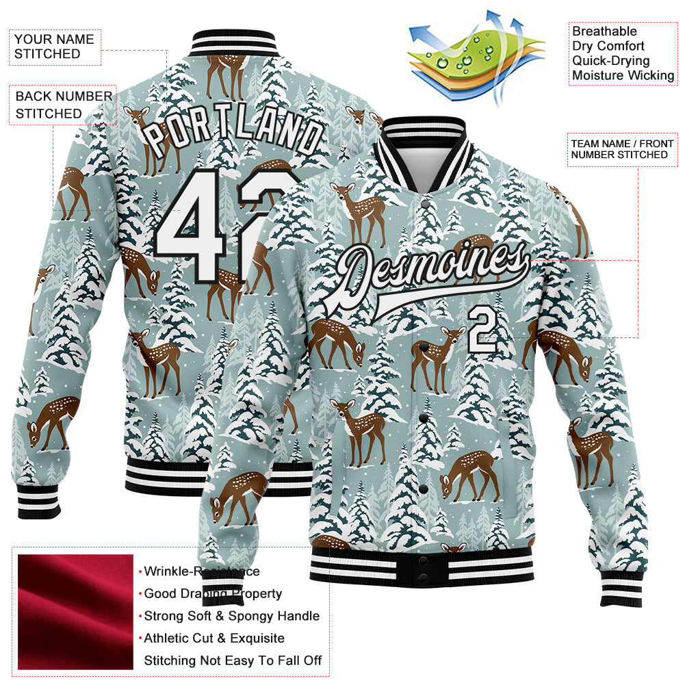 Custom Teal Black-White Winter Snowy Landscape With Deer 3D Pattern Design Bomber Full-Snap Varsity Letterman Jacket view 5