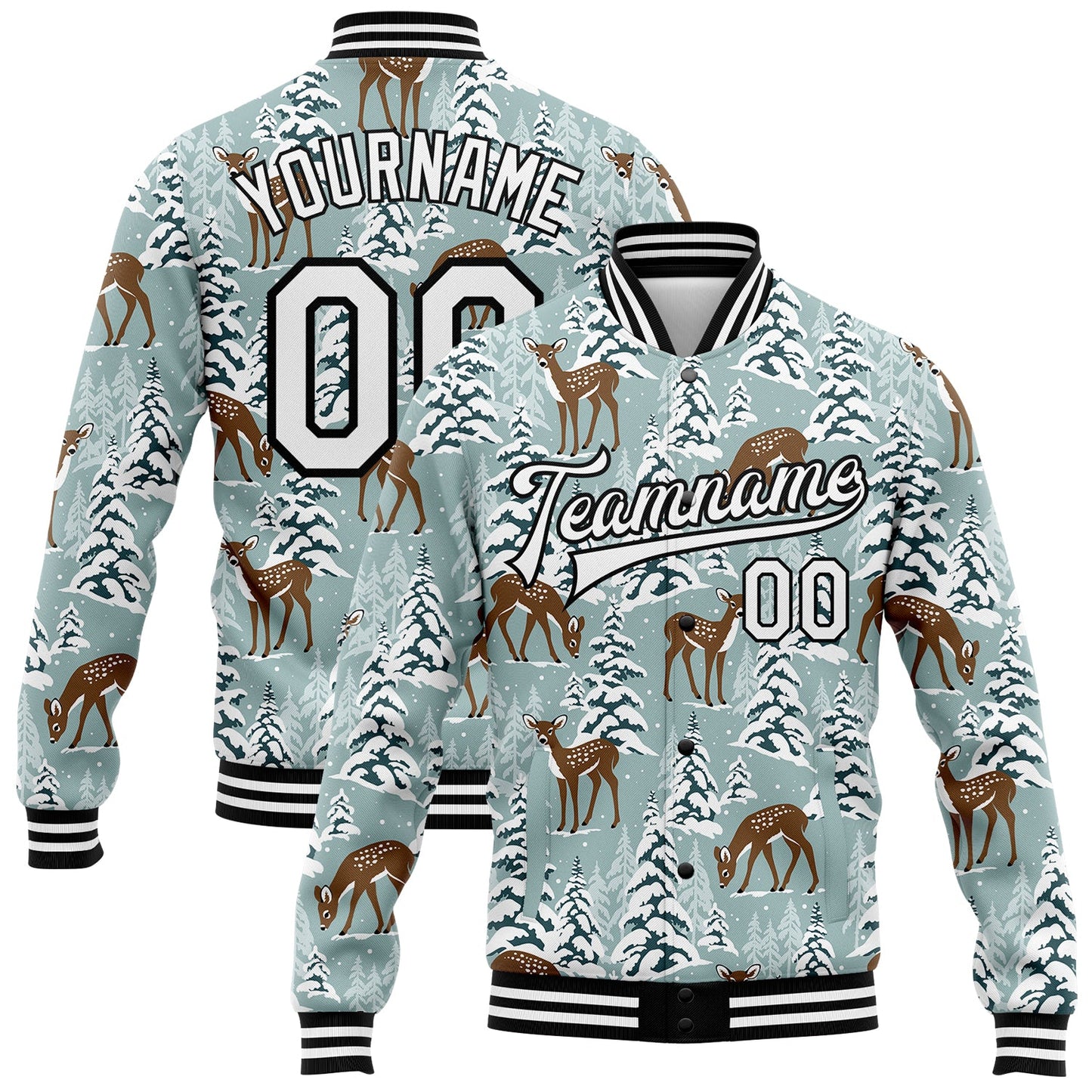 Custom Teal Black-White Winter Snowy Landscape With Deer 3D Pattern Design Bomber Full-Snap Varsity Letterman Jacket - Main View