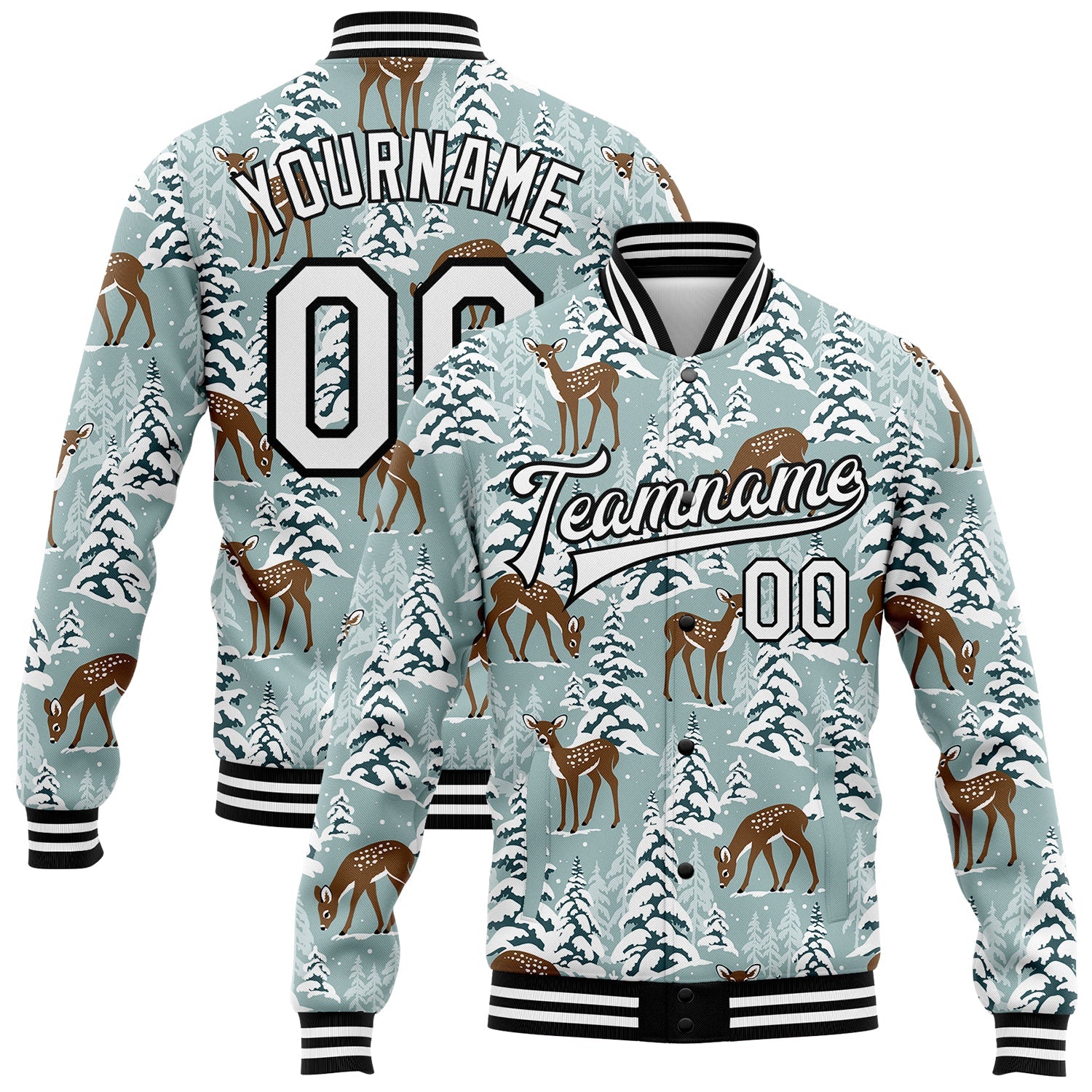 Custom Teal Black-White Winter Snowy Landscape With Deer 3D Pattern Design Bomber Full-Snap Varsity Letterman Jacket - Main View