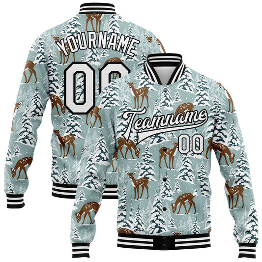 Custom Teal Black-White Winter Snowy Landscape With Deer 3D Pattern Design Bomber Full-Snap Varsity Letterman Jacket - Main View