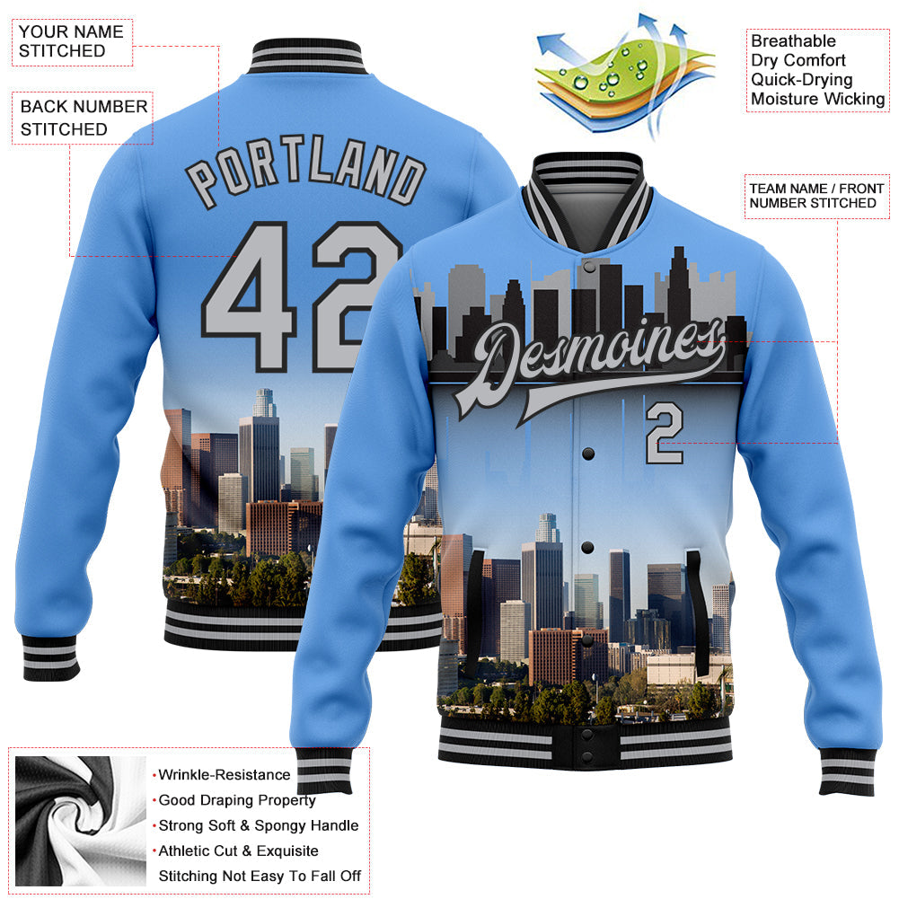 Custom Powder Blue Gray-Black Los Angeles California City Edition 3D Bomber Full-Snap Varsity Letterman Jacket view 5