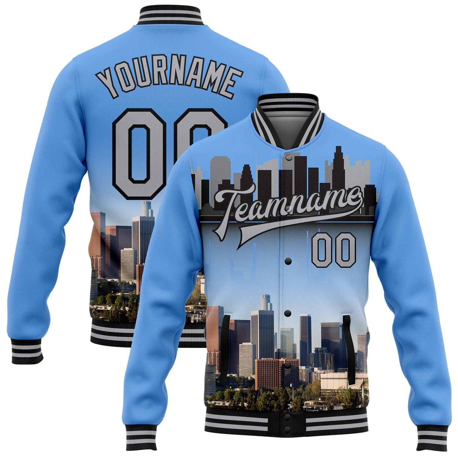 Custom Powder Blue Gray-Black Los Angeles California City Edition 3D Bomber Full-Snap Varsity Letterman Jacket - Main View