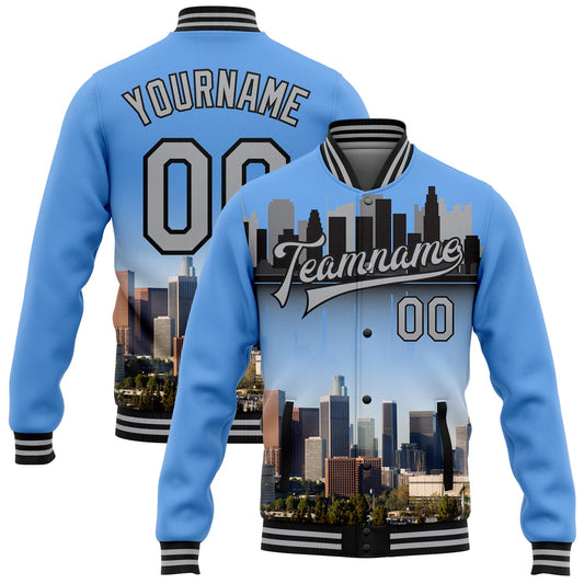 Custom Powder Blue Gray-Black Los Angeles California City Edition 3D Bomber Full-Snap Varsity Letterman Jacket - Main View
