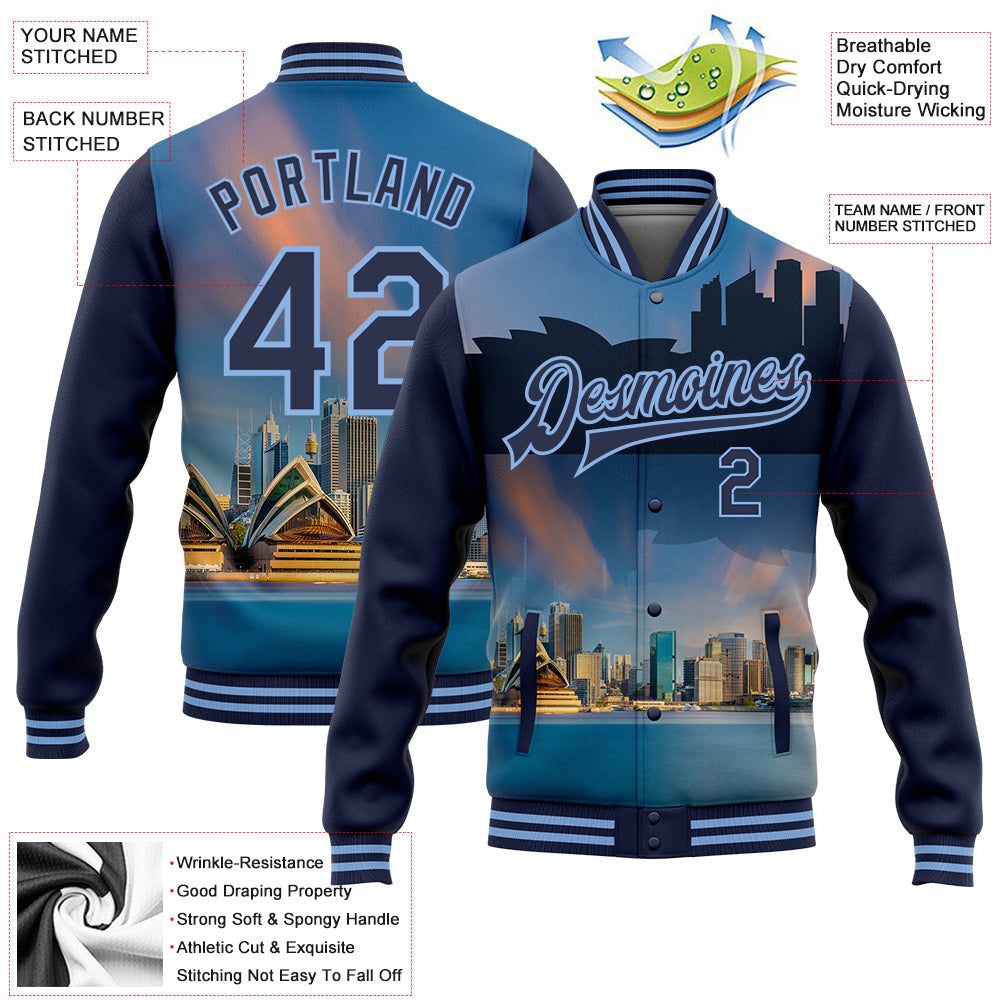Custom Light Blue Navy Sydney Australia City Edition 3D Bomber Full-Snap Varsity Letterman Jacket view 5