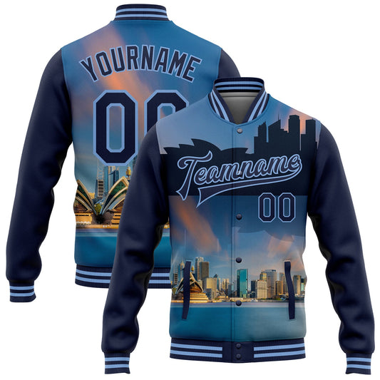 Custom Light Blue Navy Sydney Australia City Edition 3D Bomber Full-Snap Varsity Letterman Jacket - Main View