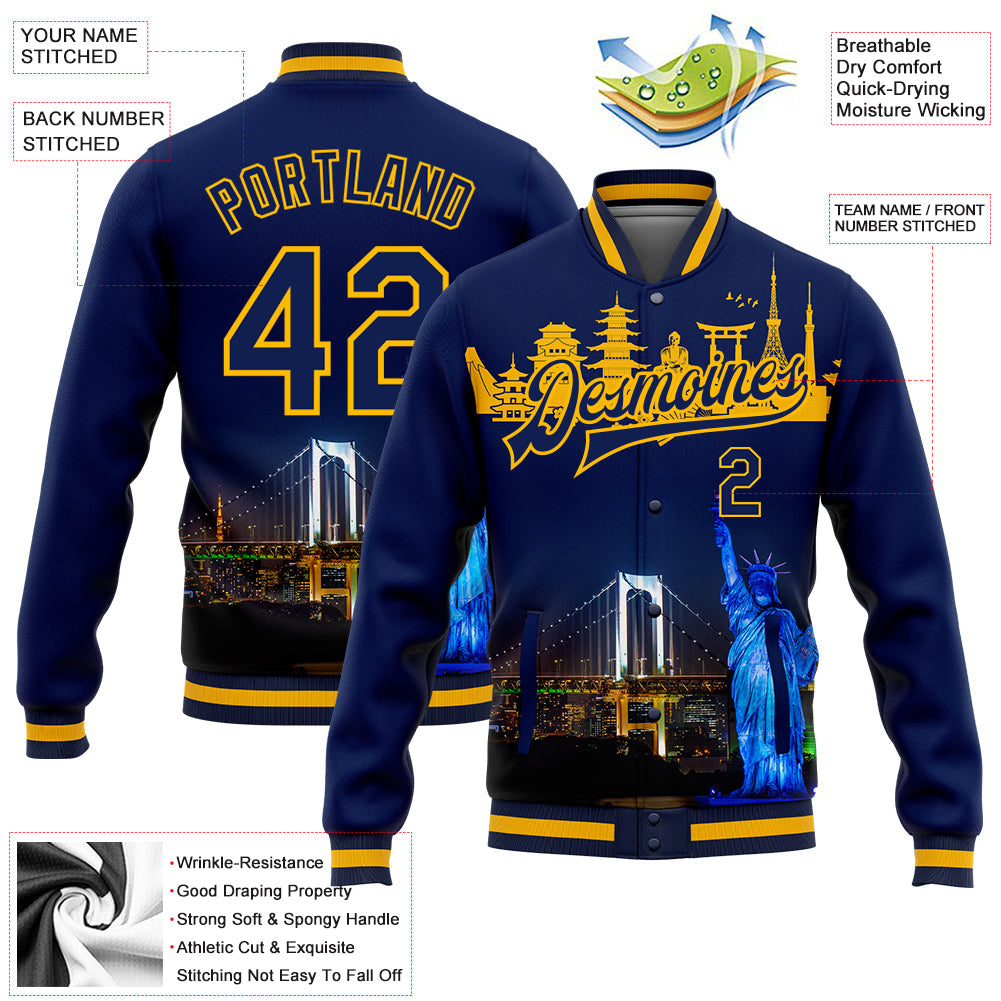 Custom Navy Gold Rainbow Bridge And Statue Of Liberty Tokyo Japan City Edition 3D Bomber Full-Snap Varsity Letterman Jacket view 5