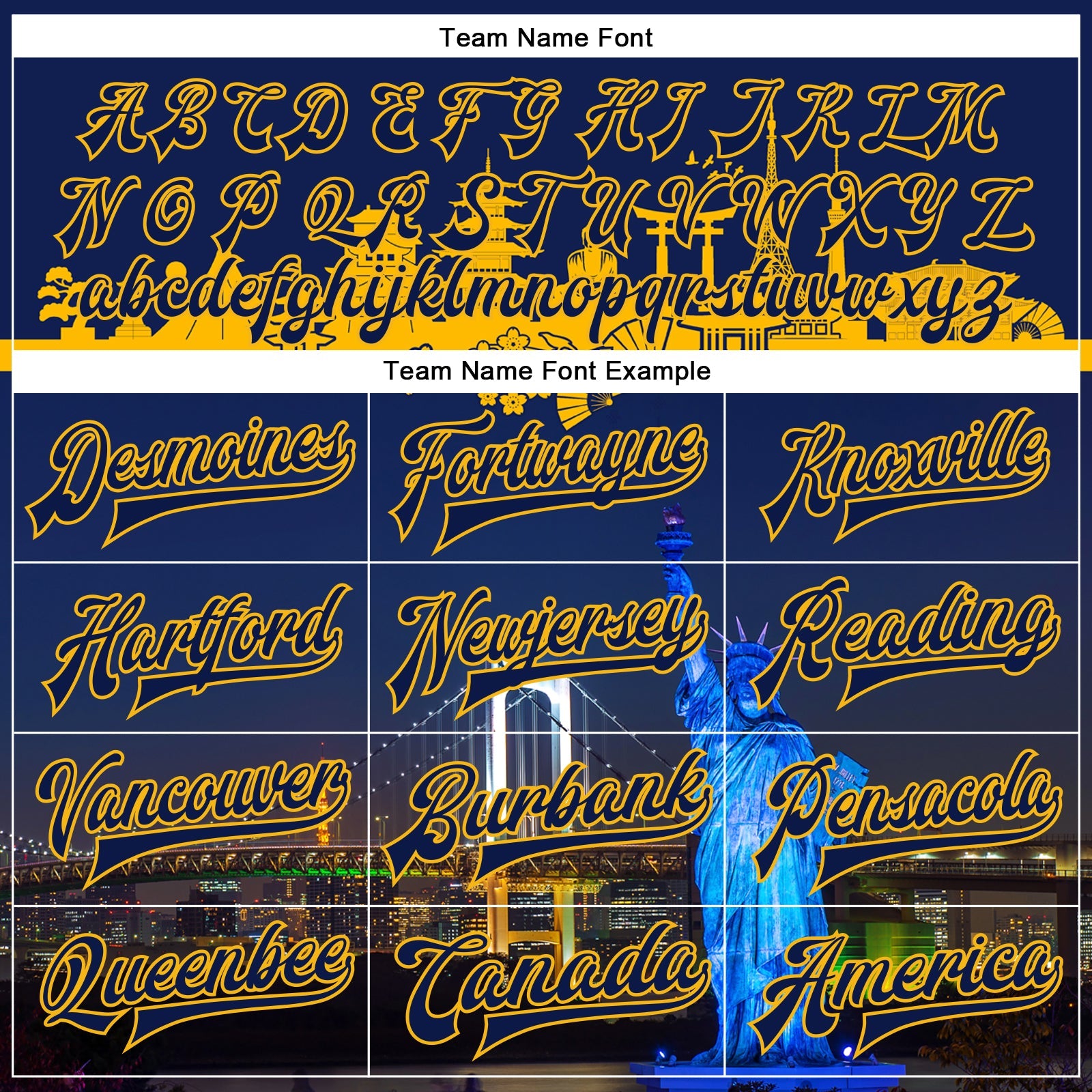 Custom Navy Gold Rainbow Bridge And Statue Of Liberty Tokyo Japan City Edition 3D Bomber Full-Snap Varsity Letterman Jacket view 6