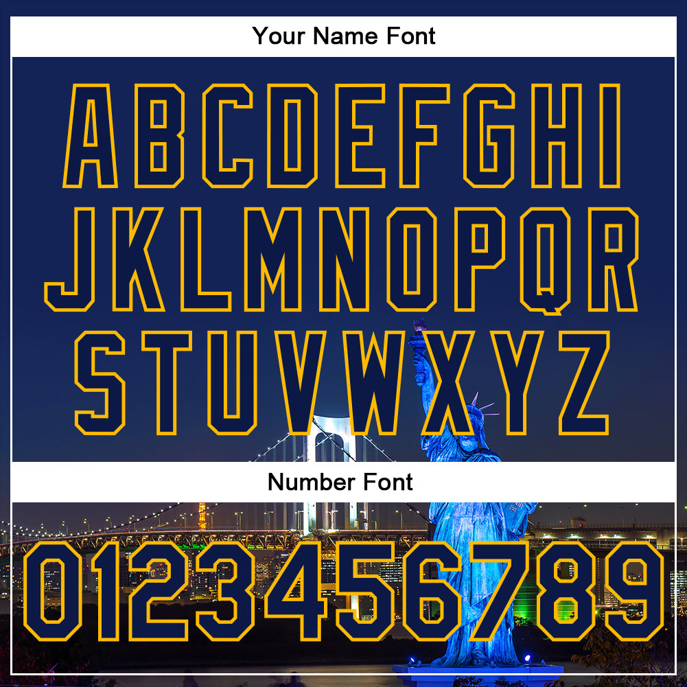 Custom Navy Gold Rainbow Bridge And Statue Of Liberty Tokyo Japan City Edition 3D Bomber Full-Snap Varsity Letterman Jacket view 7