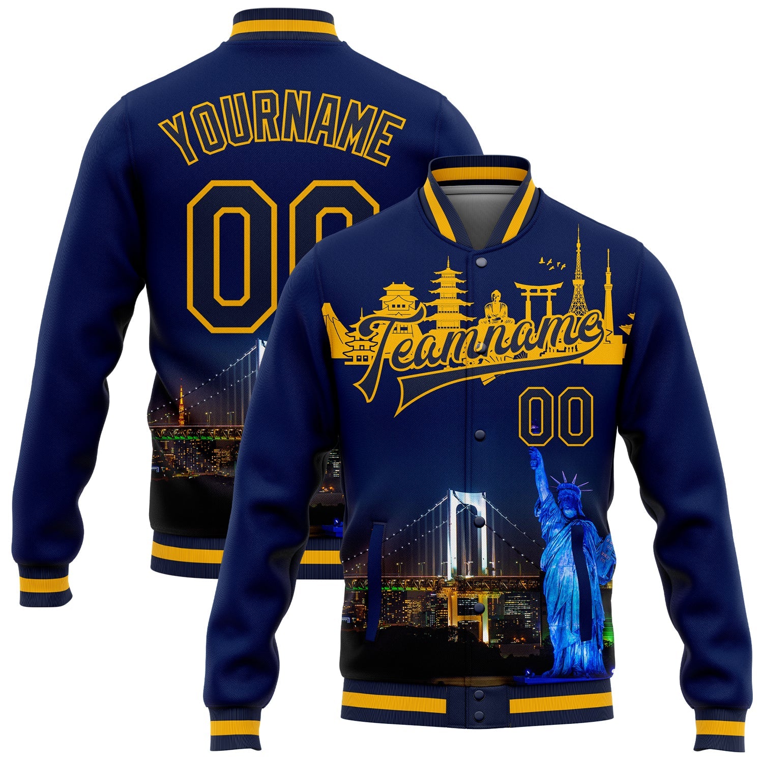 Custom Navy Gold Rainbow Bridge And Statue Of Liberty Tokyo Japan City Edition 3D Bomber Full-Snap Varsity Letterman Jacket - Main View
