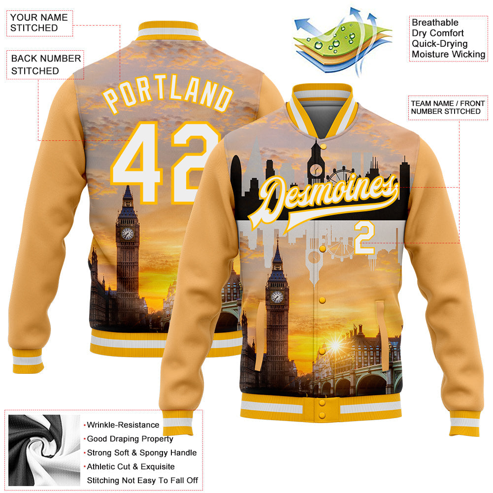 Custom Gold White Big Ben And Westminster Bridge London UK City Edition 3D Bomber Full-Snap Varsity Letterman Jacket view 5