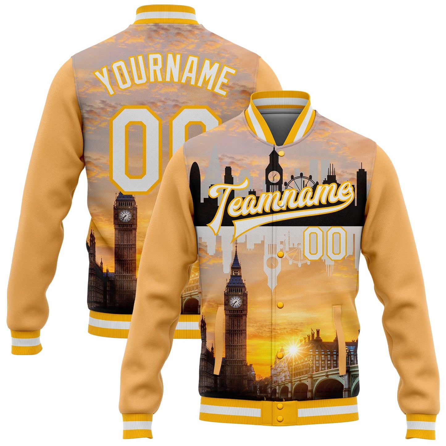 Custom Gold White Big Ben And Westminster Bridge London UK City Edition 3D Bomber Full-Snap Varsity Letterman Jacket - Main View