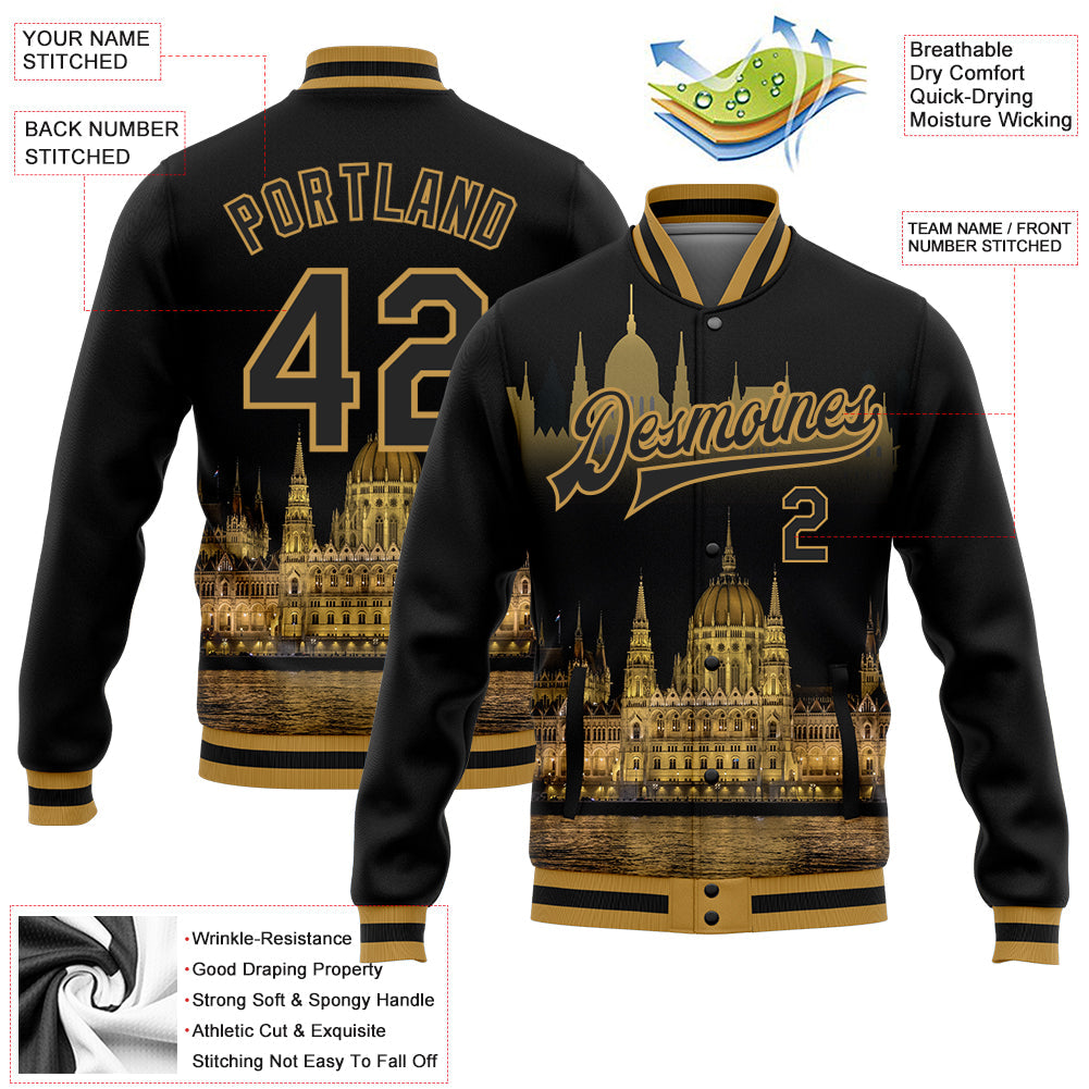 Custom Black Old Gold Parliament Building Budapest Hungary City Edition 3D Bomber Full-Snap Varsity Letterman Jacket view 5