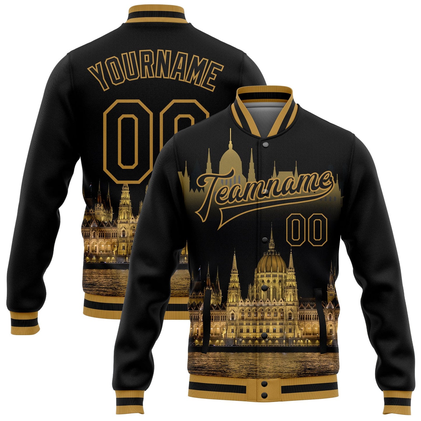 Custom Black Old Gold Parliament Building Budapest Hungary City Edition 3D Bomber Full-Snap Varsity Letterman Jacket - Main View