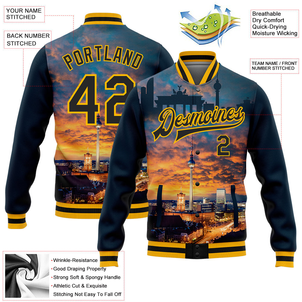 Custom Navy Black-Gold Berlin Germany City Edition 3D Bomber Full-Snap Varsity Letterman Jacket view 5