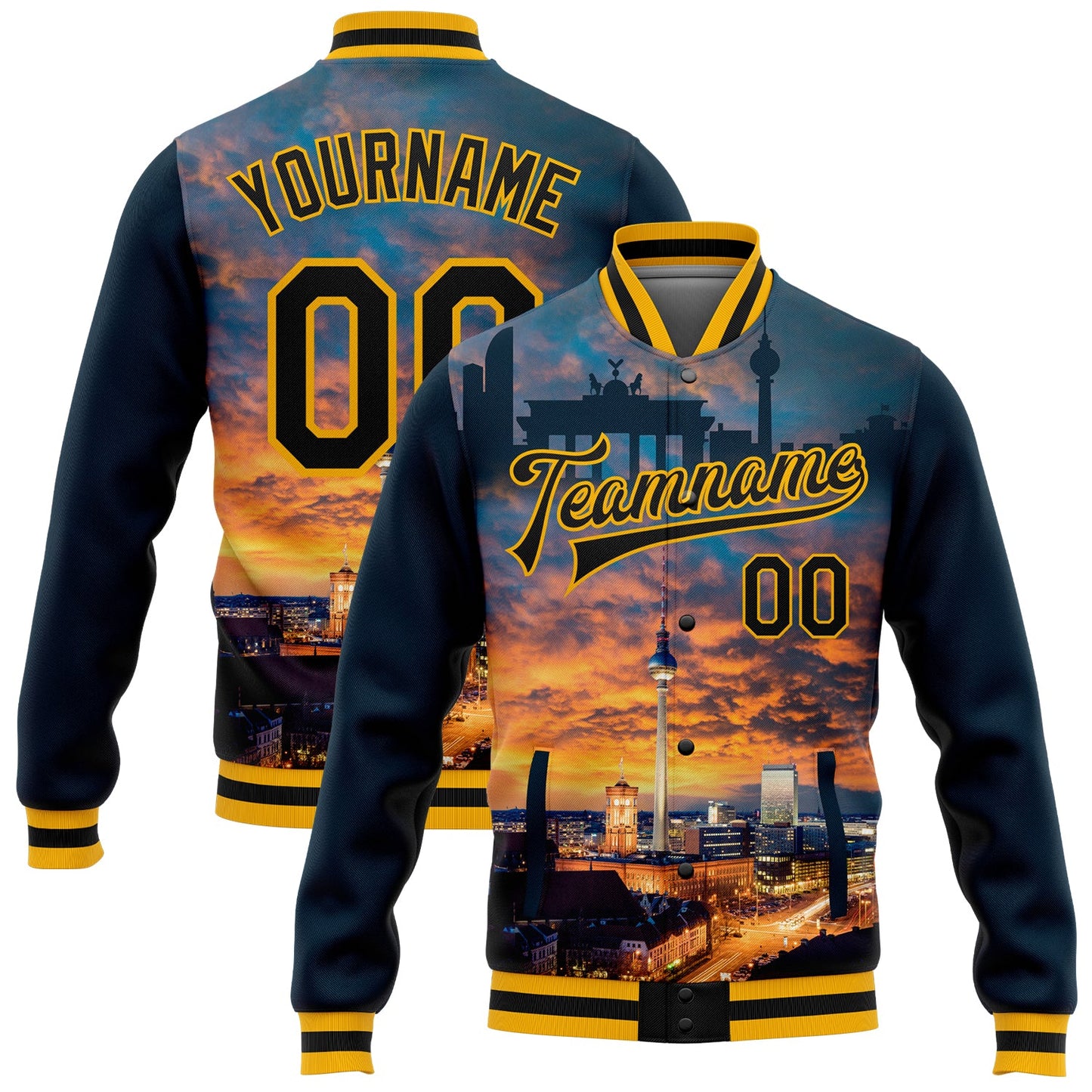 Custom Navy Black-Gold Berlin Germany City Edition 3D Bomber Full-Snap Varsity Letterman Jacket - Main View