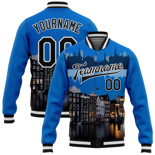 Custom Blue Black-White Amsterdam Netherlands City Edition 3D Bomber Full-Snap Varsity Letterman Jacket - Main View