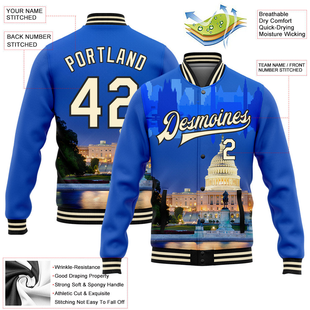 Custom Royal Cream-Black Capitol Washington City Edition 3D Bomber Full-Snap Varsity Letterman Jacket view 5