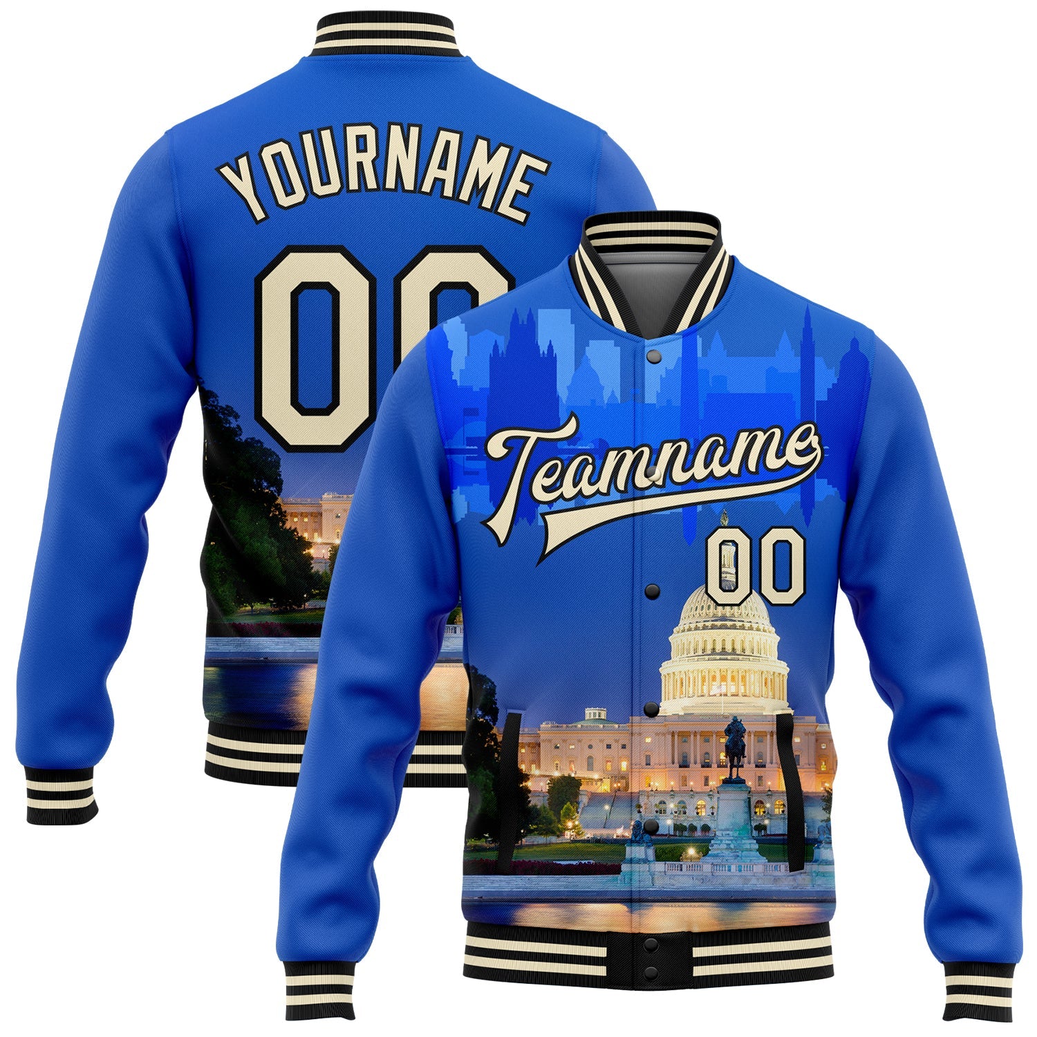Custom Royal Cream-Black Capitol Washington City Edition 3D Bomber Full-Snap Varsity Letterman Jacket - Main View