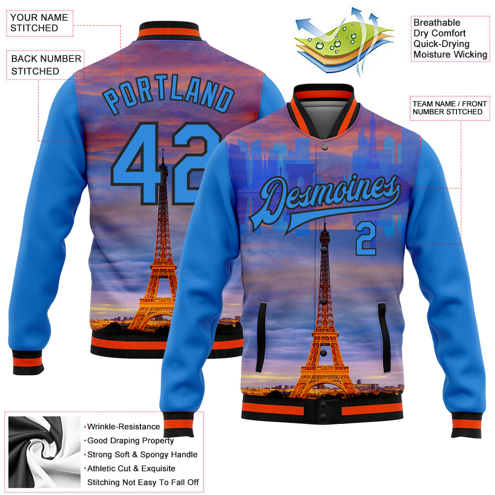 Custom Powder Blue Black-Orange Eiffel Tower Paris France City Edition 3D Bomber Full-Snap Varsity Letterman Jacket view 5