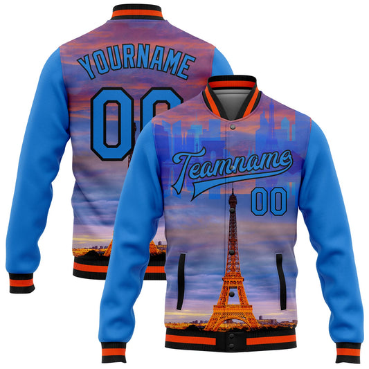 Custom Powder Blue Black-Orange Eiffel Tower Paris France City Edition 3D Bomber Full-Snap Varsity Letterman Jacket - Main View