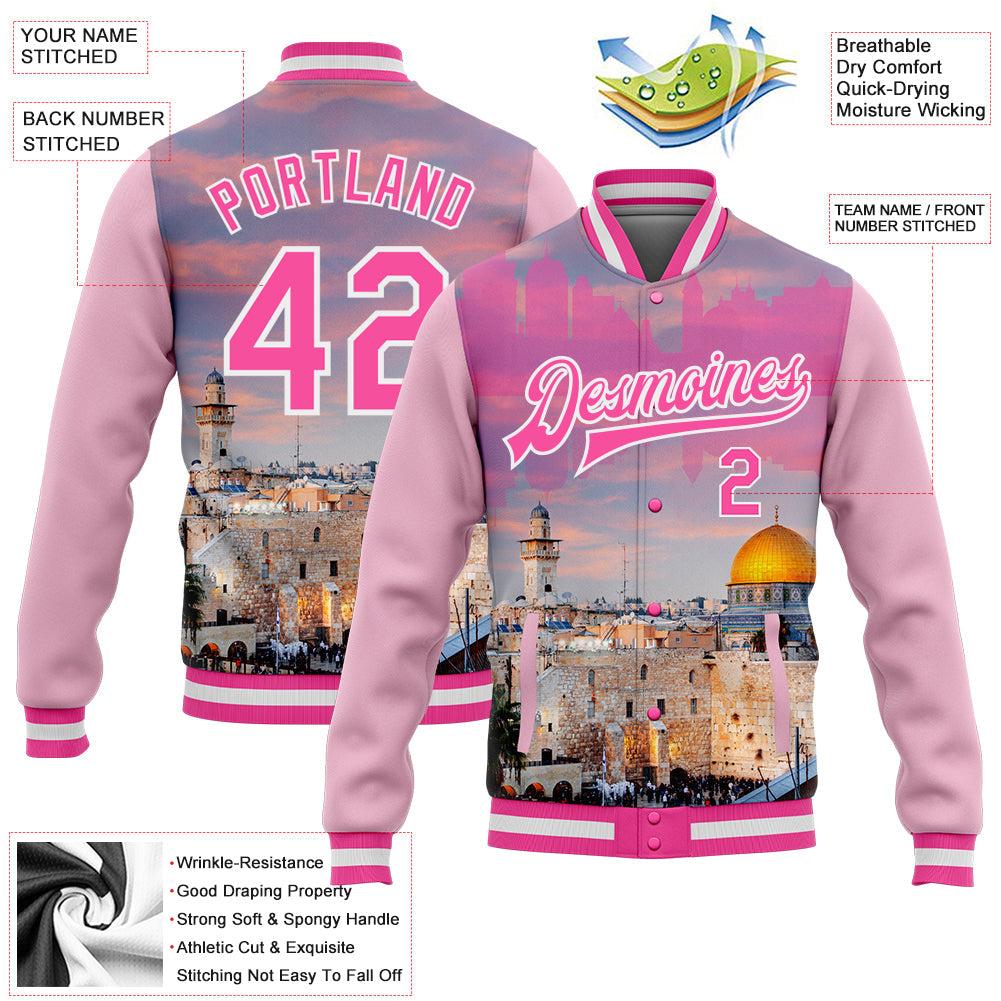 Custom Pink Light Pink-White The Dome Of The Rock Jerusalem Israel City Edition 3D Bomber Full-Snap Varsity Letterman Jacket view 5