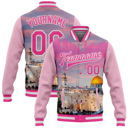 Custom Pink Light Pink-White The Dome Of The Rock Jerusalem Israel City Edition 3D Bomber Full-Snap Varsity Letterman Jacket - Main View