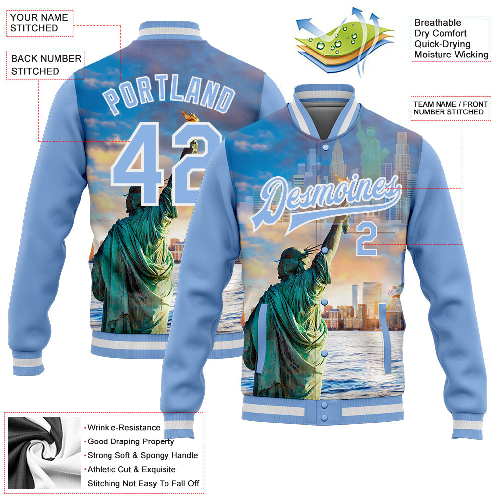 Custom Light Blue White Statue Of Liberty New York City Edition 3D Bomber Full-Snap Varsity Letterman Jacket view 5