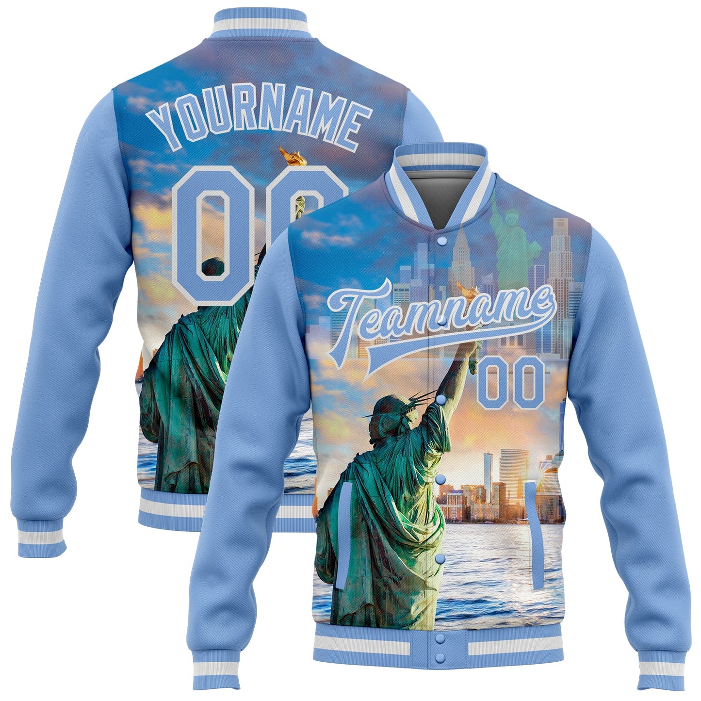 Custom Light Blue White Statue Of Liberty New York City Edition 3D Bomber Full-Snap Varsity Letterman Jacket - Main View