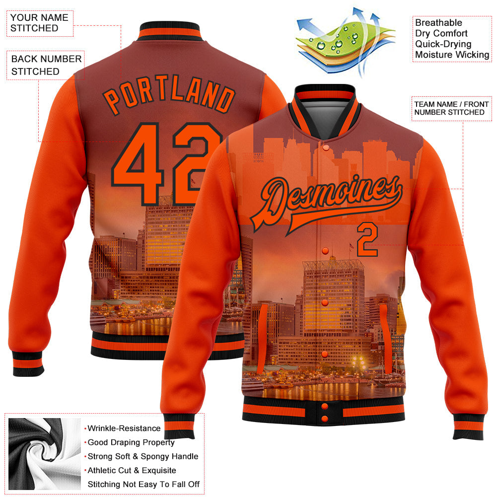 Custom Orange Black Baltimore Inner Harbor Baltimore Maryland City Edition 3D Bomber Full-Snap Varsity Letterman Jacket view 5