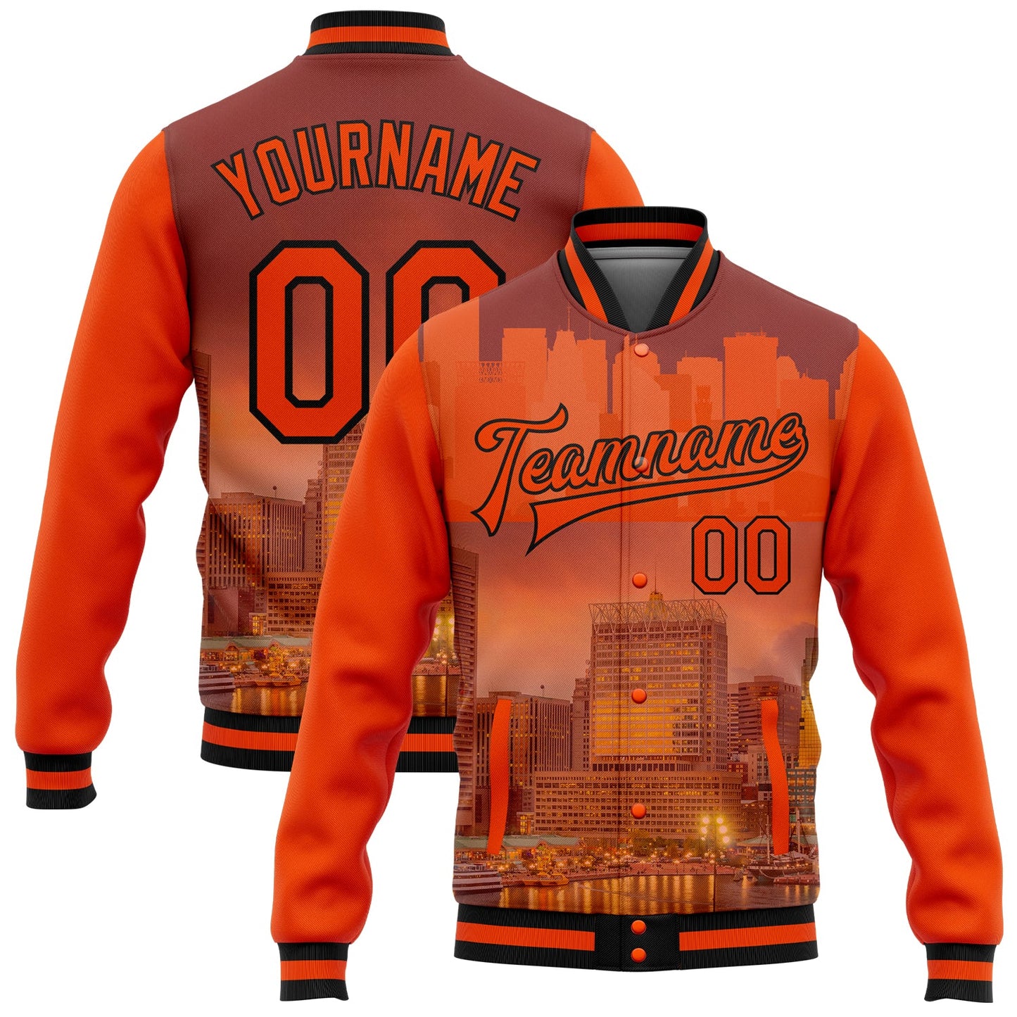 Custom Orange Black Baltimore Inner Harbor Baltimore Maryland City Edition 3D Bomber Full-Snap Varsity Letterman Jacket - Main View