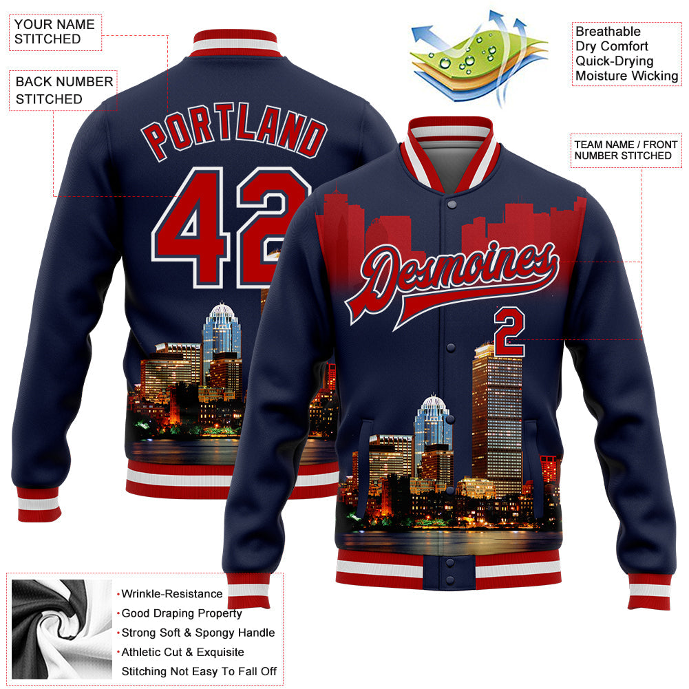 Custom Navy Red-White Boston Massachusetts City Edition 3D Bomber Full-Snap Varsity Letterman Jacket view 5
