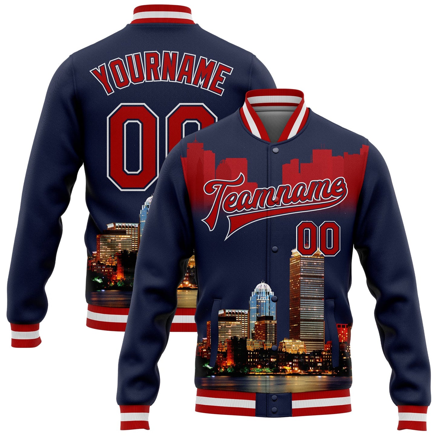 Custom Navy Red-White Boston Massachusetts City Edition 3D Bomber Full-Snap Varsity Letterman Jacket - Main View