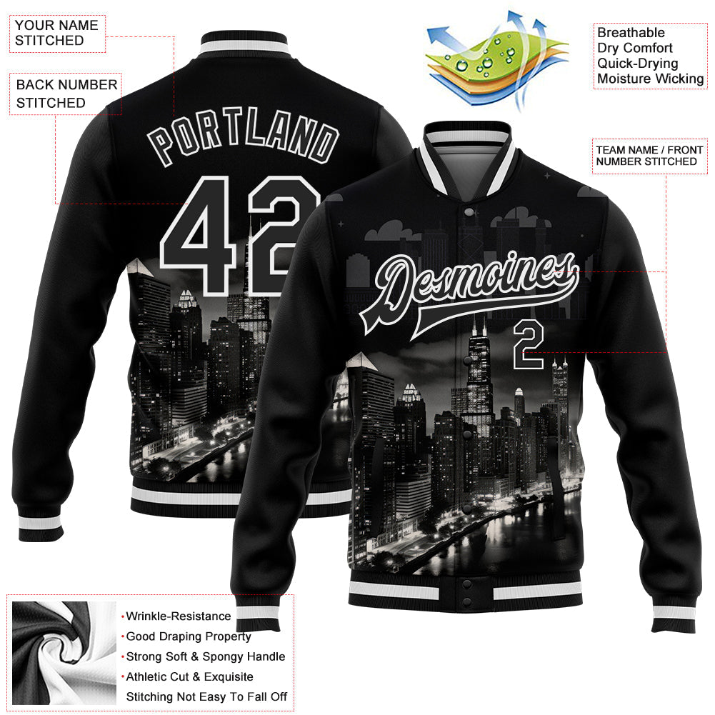 Custom Black White Chicago Illinois City Edition 3D Bomber Full-Snap Varsity Letterman Jacket view 5