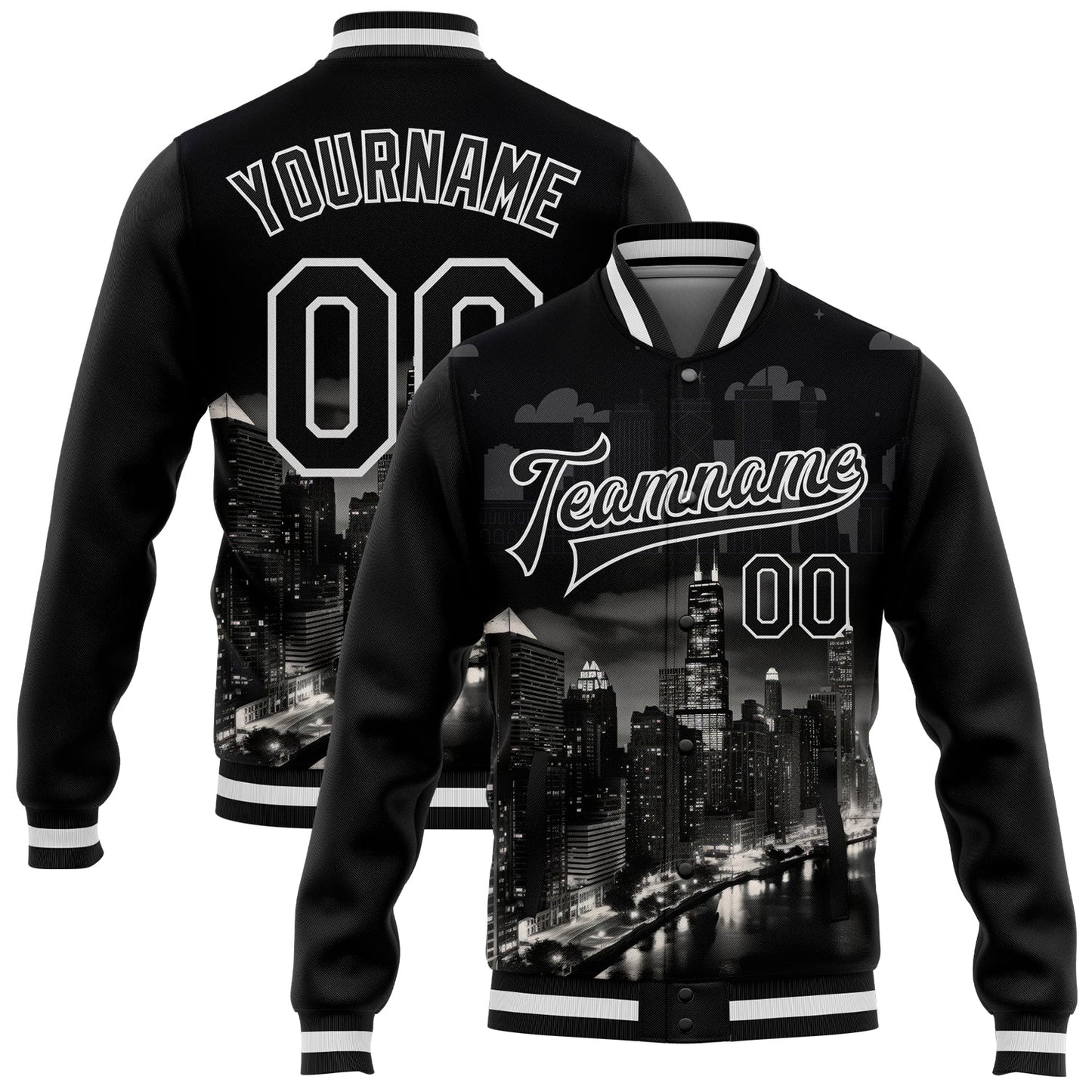 Custom Black White Chicago Illinois City Edition 3D Bomber Full-Snap Varsity Letterman Jacket - Main View