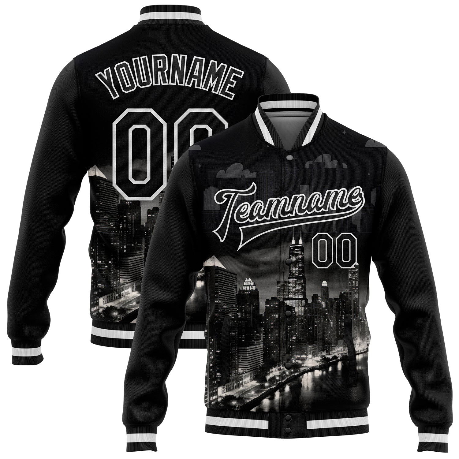 Custom Black White Chicago Illinois City Edition 3D Bomber Full-Snap Varsity Letterman Jacket - Main View