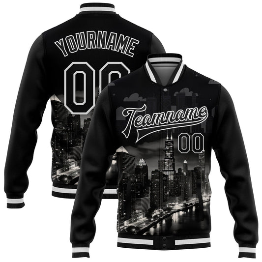 Custom Black White Chicago Illinois City Edition 3D Bomber Full-Snap Varsity Letterman Jacket - Main View