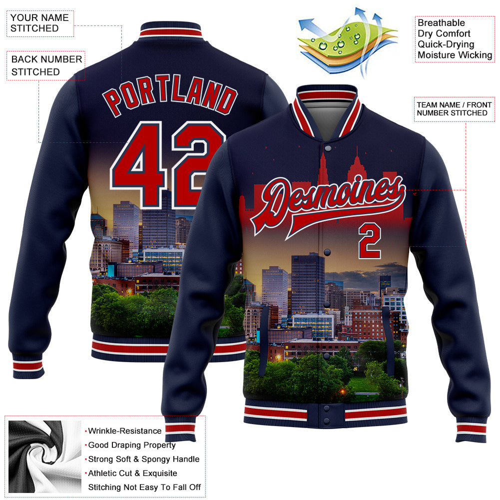 Custom Navy Red-White Cleveland Ohio City Edition 3D Bomber Full-Snap Varsity Letterman Jacket view 5