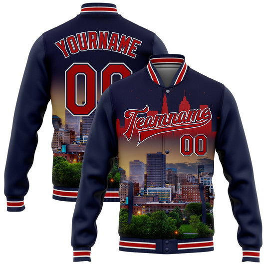 Custom Navy Red-White Cleveland Ohio City Edition 3D Bomber Full-Snap Varsity Letterman Jacket - Main View