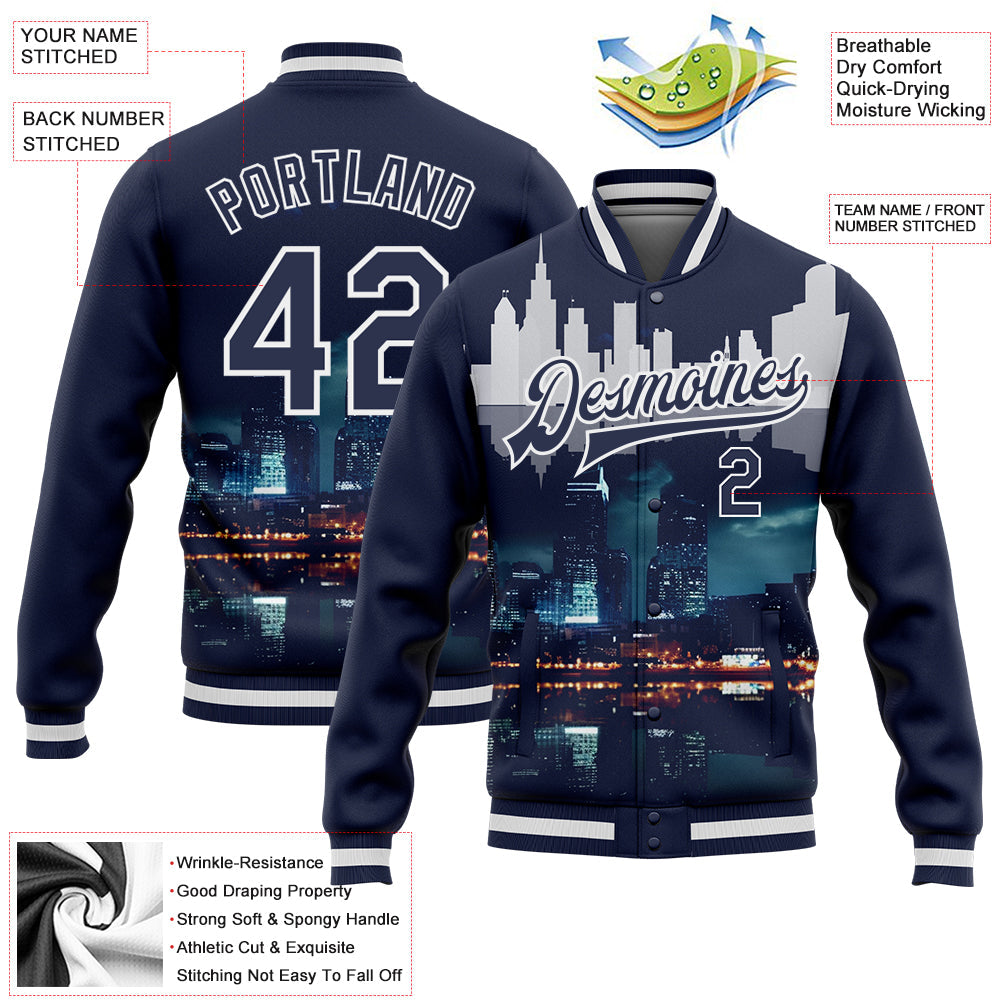 Custom Navy White Detroit Michigan City Edition 3D Bomber Full-Snap Varsity Letterman Jacket view 5