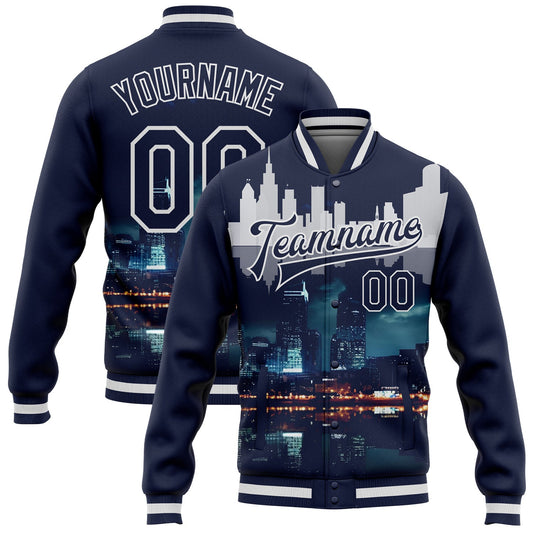 Custom Navy White Detroit Michigan City Edition 3D Bomber Full-Snap Varsity Letterman Jacket - Main View