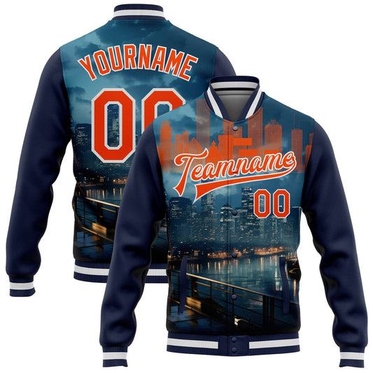 Custom Navy Orange-White Houston Texas City Edition 3D Bomber Full-Snap Varsity Letterman Jacket - Main View