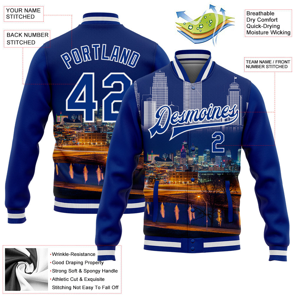 Custom Royal White Kansas City Missouri City Edition 3D Bomber Full-Snap Varsity Letterman Jacket view 5