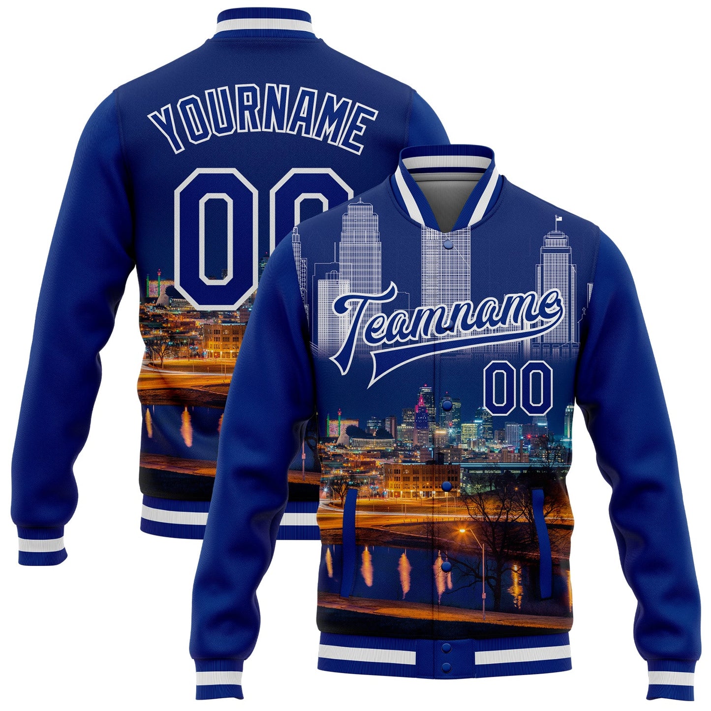 Custom Royal White Kansas City Missouri City Edition 3D Bomber Full-Snap Varsity Letterman Jacket - Main View