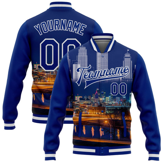 Custom Royal White Kansas City Missouri City Edition 3D Bomber Full-Snap Varsity Letterman Jacket - Main View