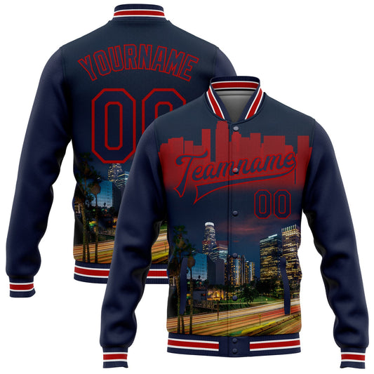 Custom Navy Red Los Angeles California City Edition 3D Bomber Full-Snap Varsity Letterman Jacket - Main View