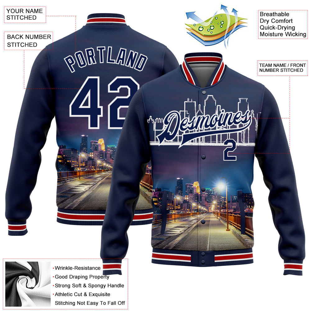 Custom Navy White Minneapolis Minnesota City Edition 3D Bomber Full-Snap Varsity Letterman Jacket view 5